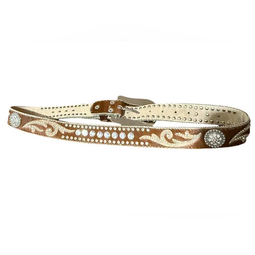 Nocona Belt Co Ladies Hair-on Crystal Western Leather Belt w/Rhinestones  Large - Picture 3 of 6